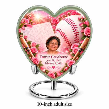 Heart baseball memorial urn with the source-listed 10-inch large size.