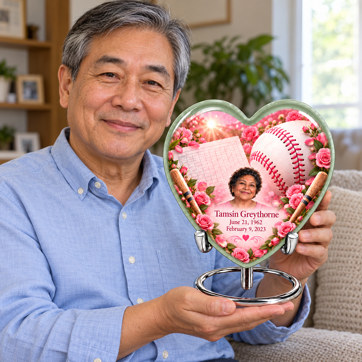 An adult holding the Heart baseball memorial urn, with its personalized artwork visible.