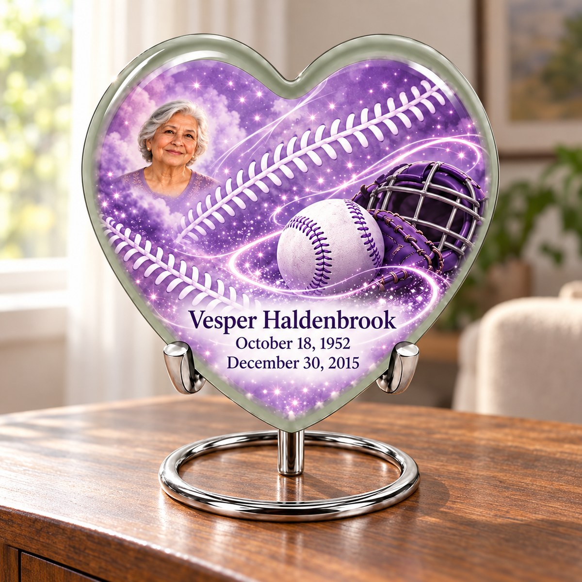 Heart baseball memorial urn in a natural home setting.