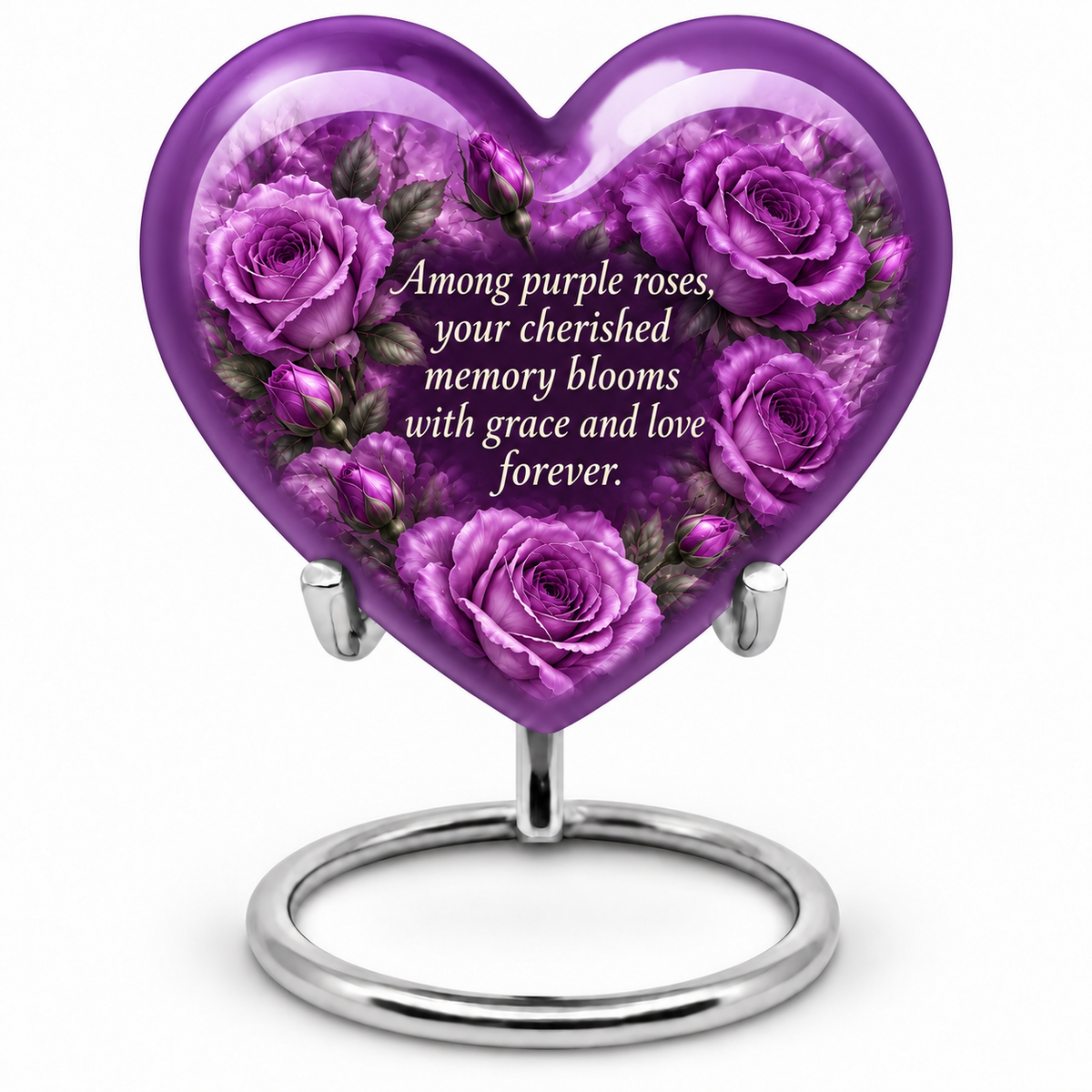 Purple rose HEART adult urn on white; memorial quote