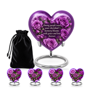 Purple rose HEART adult urn with four keepsakes; memorial quote