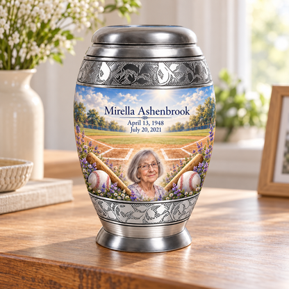 Monar baseball memorial urn in a natural home setting.