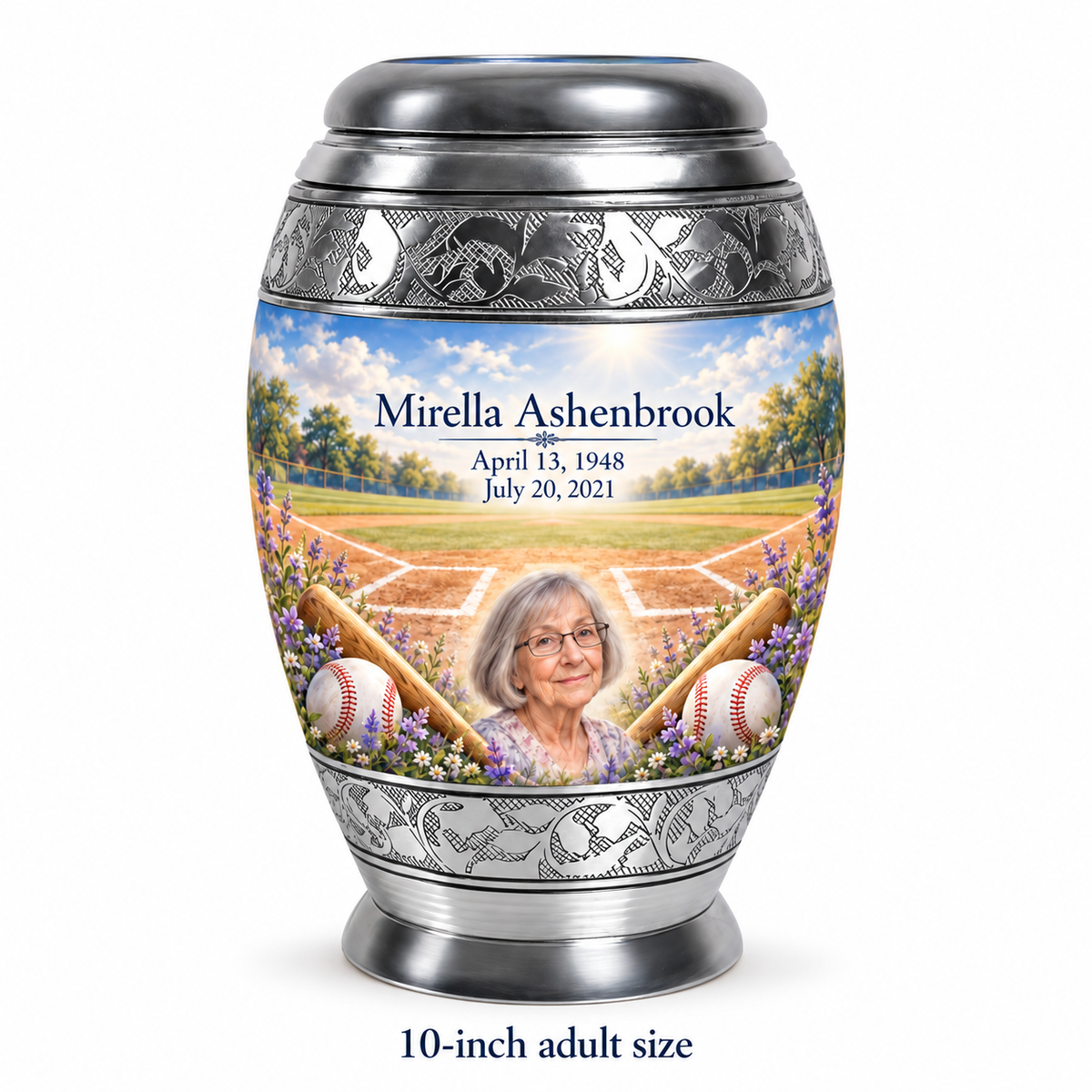 Monar baseball memorial urn with the source-listed 10-inch large size.