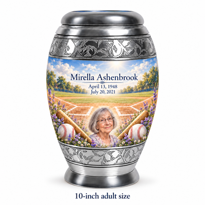 Monar baseball memorial urn with the source-listed 10-inch large size.