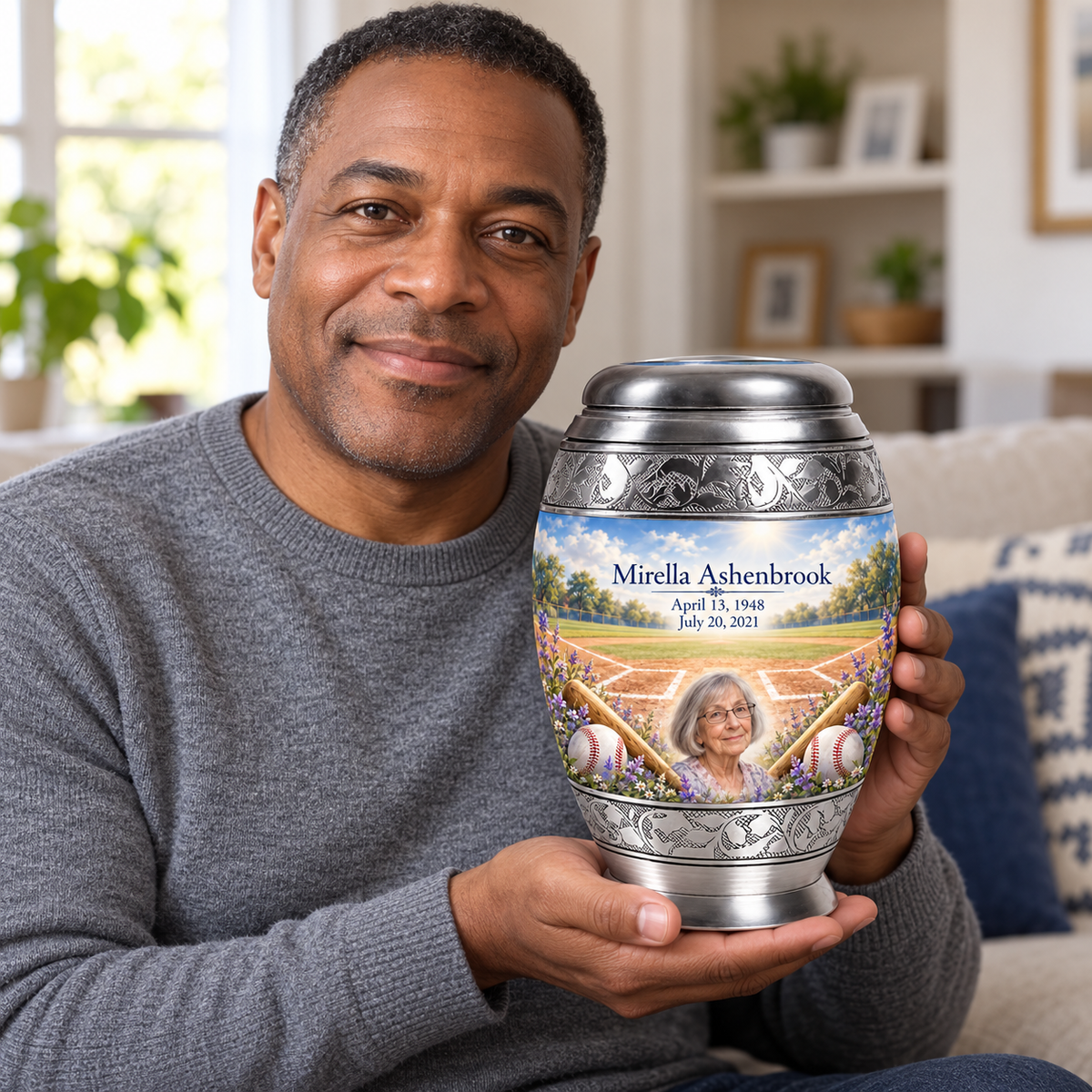 An adult holding the Monar baseball memorial urn, with its personalized artwork visible.