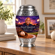 Monar baseball memorial urn in a natural home setting.