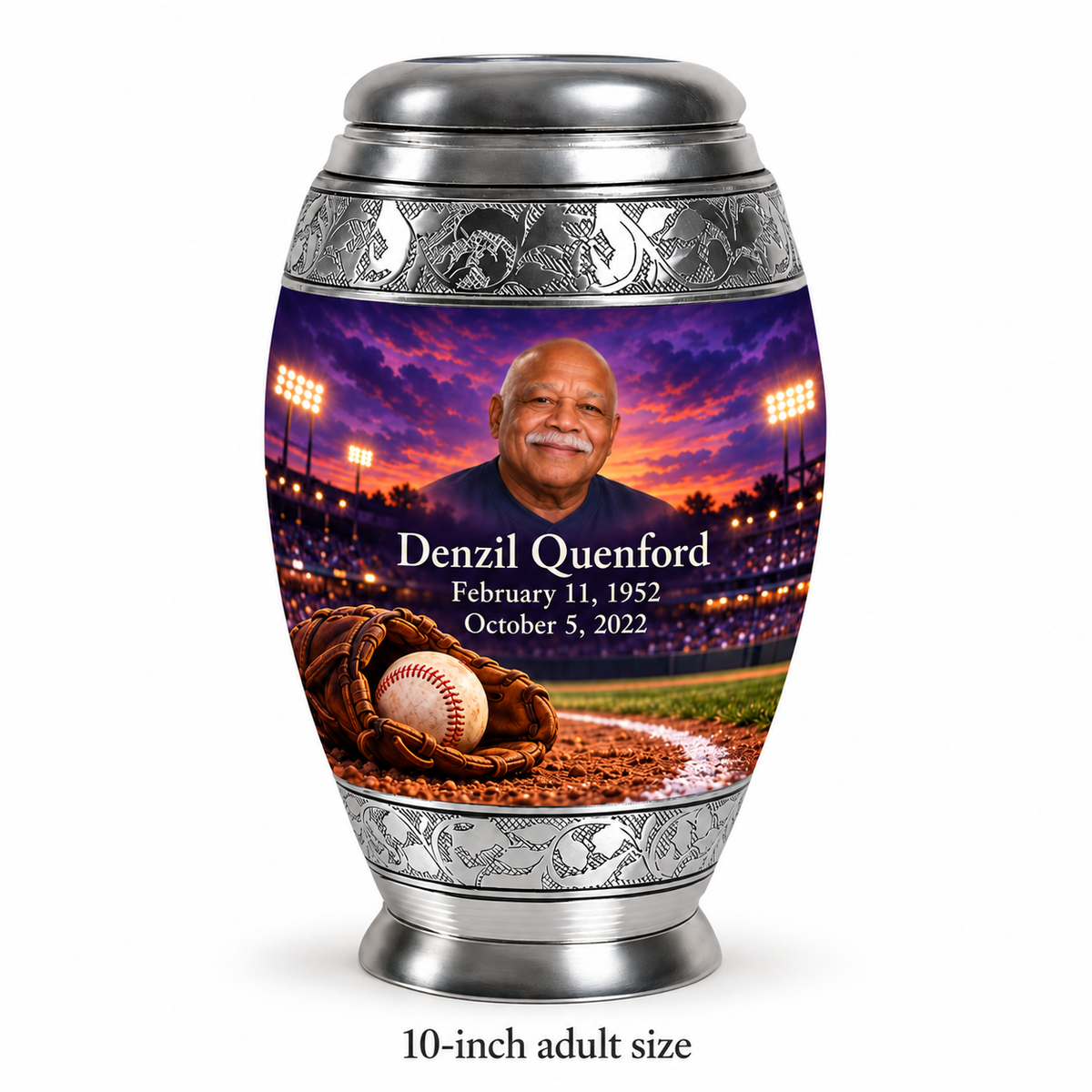 Monar baseball memorial urn with the source-listed 10-inch large size.