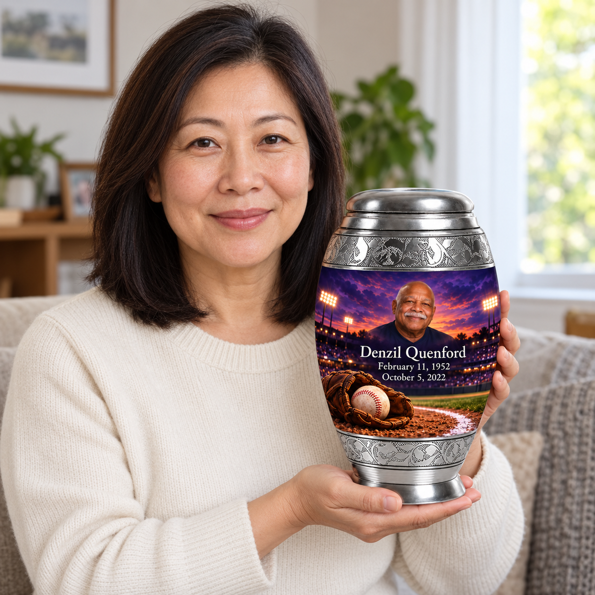 An adult holding the Monar baseball memorial urn, with its personalized artwork visible.