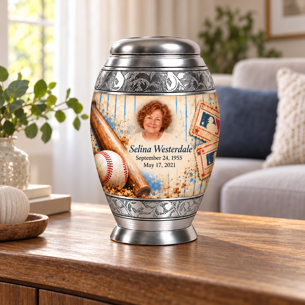 Monar baseball memorial urn in a natural home setting.