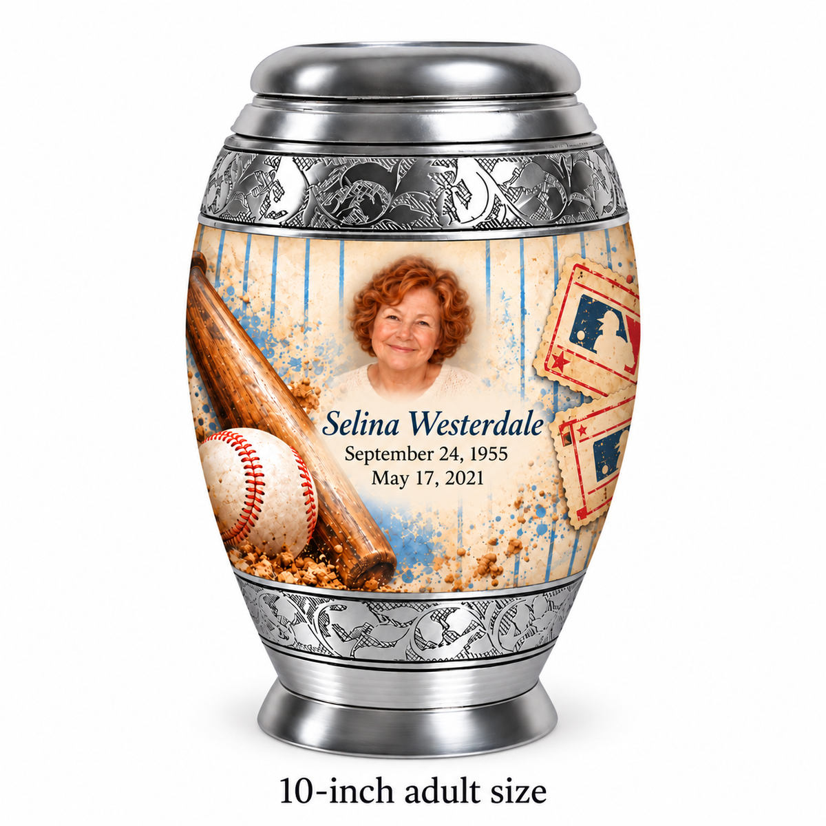 Monar baseball memorial urn with the source-listed 10-inch large size.