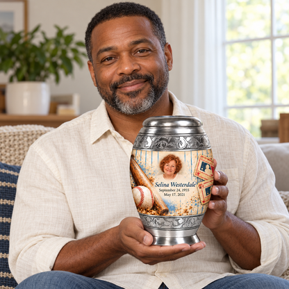 An adult holding the Monar baseball memorial urn, with its personalized artwork visible.