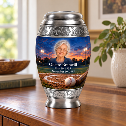 Monar baseball memorial urn in a natural home setting.