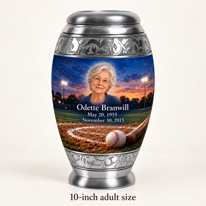 Monar baseball memorial urn with the source-listed 10-inch large size.
