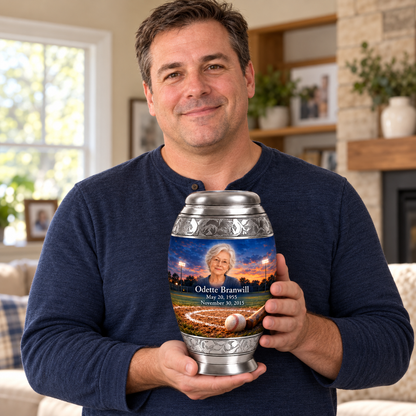 An adult holding the Monar baseball memorial urn, with its personalized artwork visible.