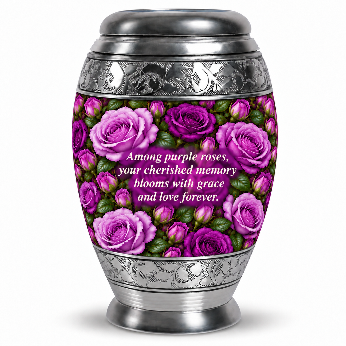 Purple rose MON adult urn on white; memorial quote