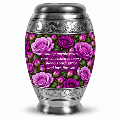 Purple rose MON adult urn on white; memorial quote