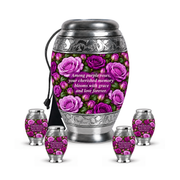 Purple rose MON adult urn with four keepsakes; memorial quote