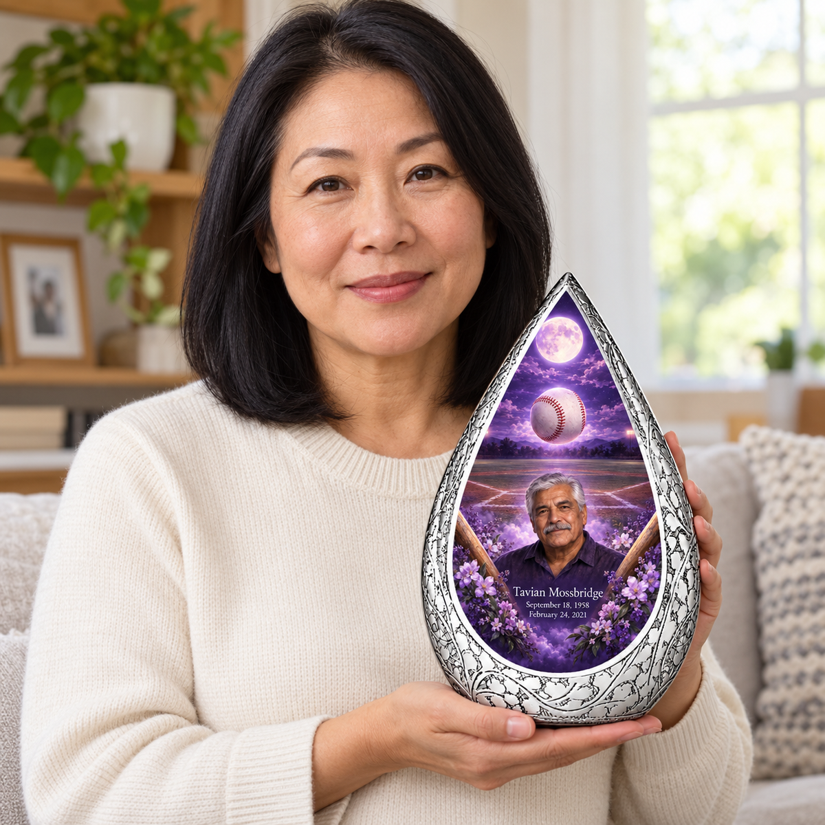 An adult holding the Straight Drop baseball memorial urn, with its personalized artwork visible.