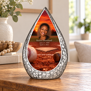 Straight Drop baseball memorial urn in a natural home setting.