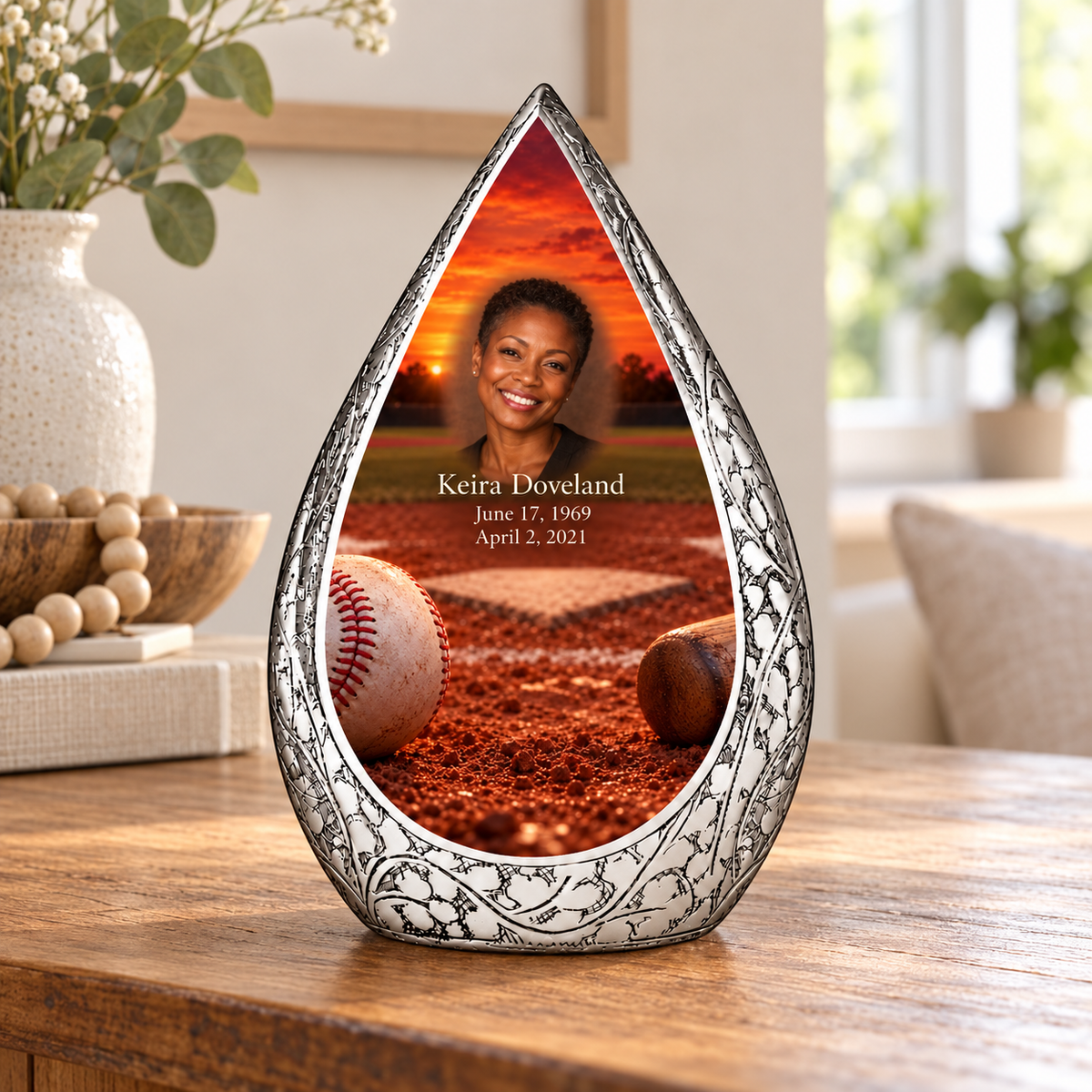 Straight Drop baseball memorial urn in a natural home setting.