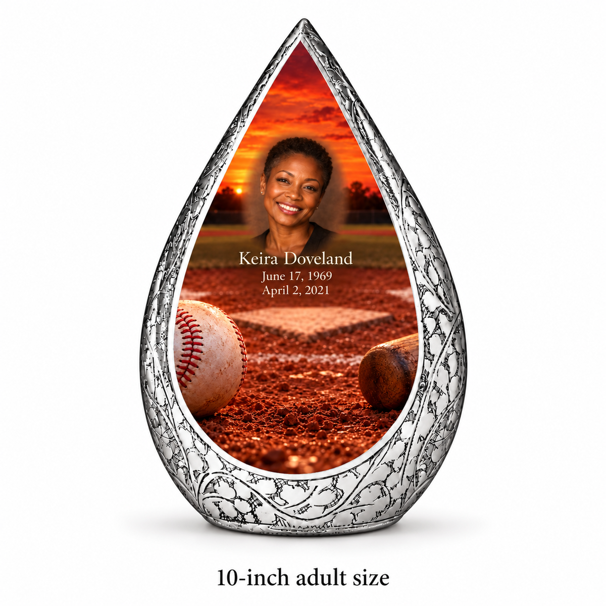 Straight Drop baseball memorial urn with the source-listed 10-inch large size.
