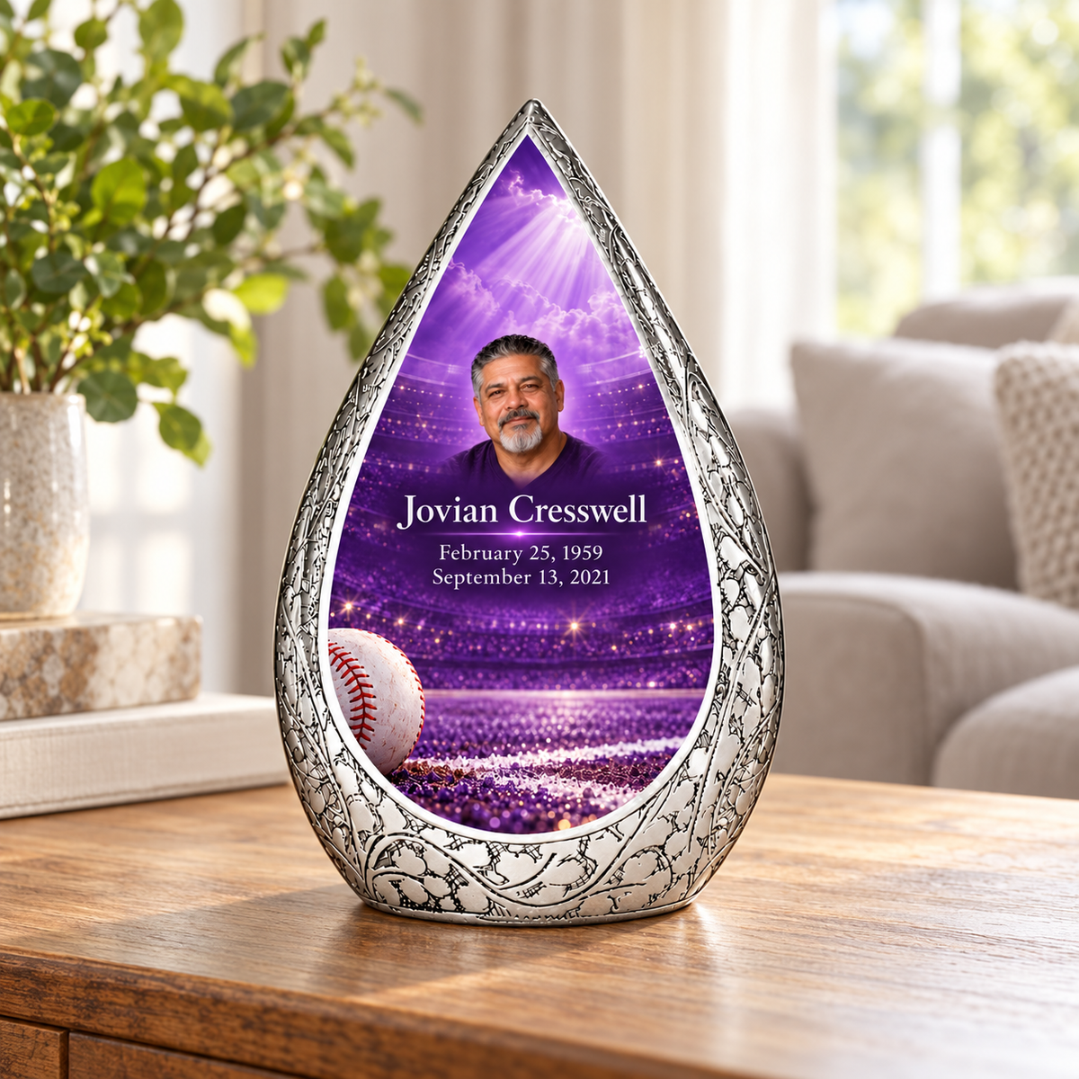 Straight Drop baseball memorial urn in a natural home setting.