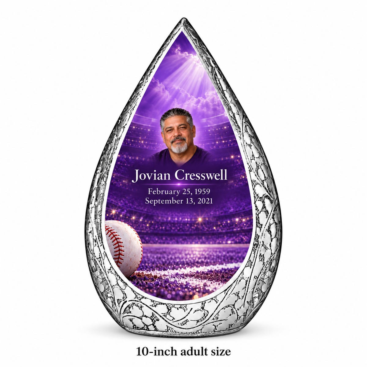 Straight Drop baseball memorial urn with the source-listed 10-inch large size.