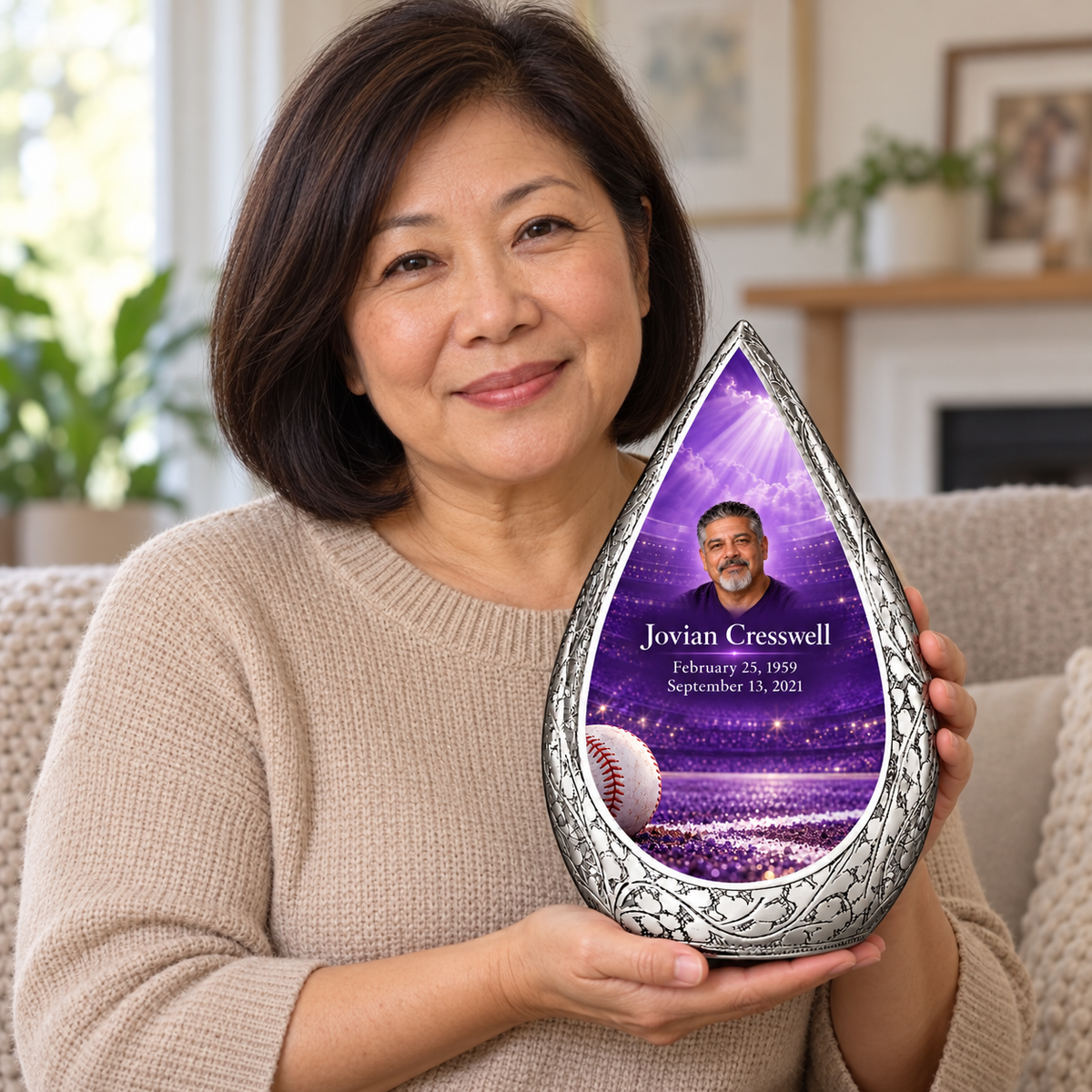 An adult holding the Straight Drop baseball memorial urn, with its personalized artwork visible.