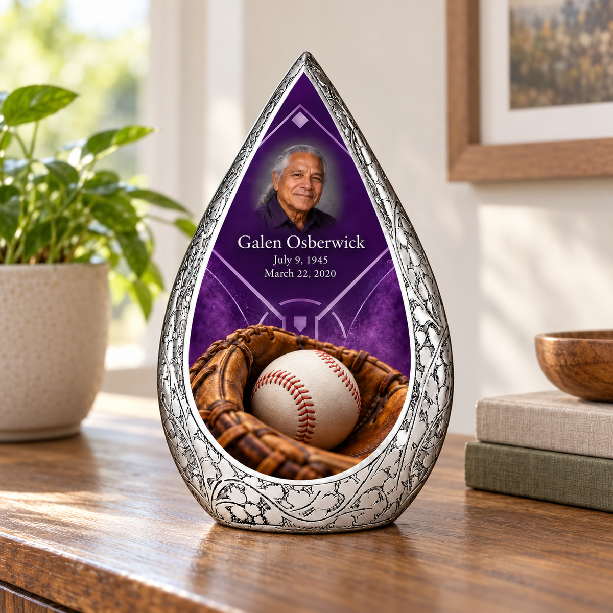 Straight Drop baseball memorial urn in a natural home setting.