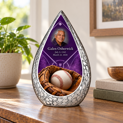 Straight Drop baseball memorial urn in a natural home setting.