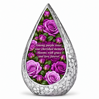 Purple rose STR-DROP adult urn on white; memorial quote