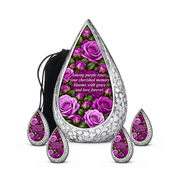 Purple rose STR-DROP adult urn with four keepsakes; memorial quote