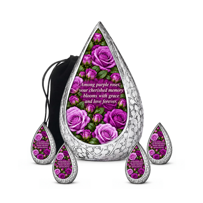 Purple rose STR-DROP adult urn with four keepsakes; memorial quote