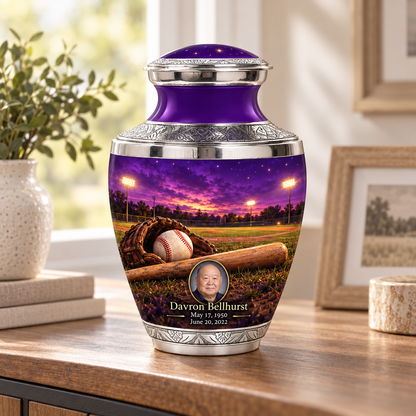 Tasty baseball memorial urn in a natural home setting.