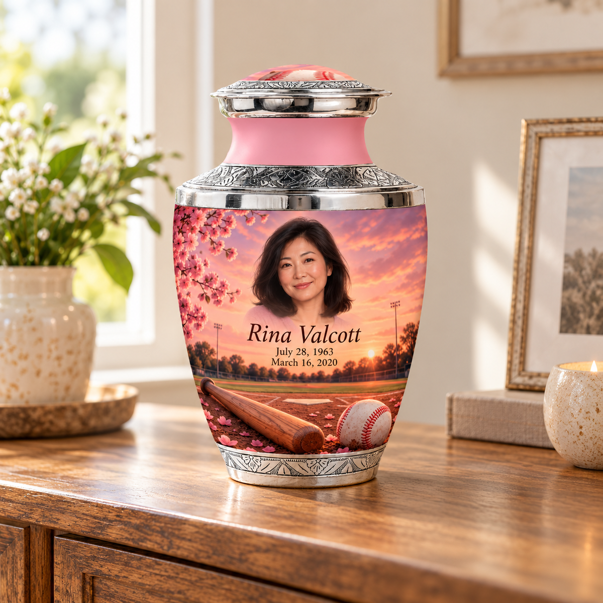 Tasty baseball memorial urn in a natural home setting.