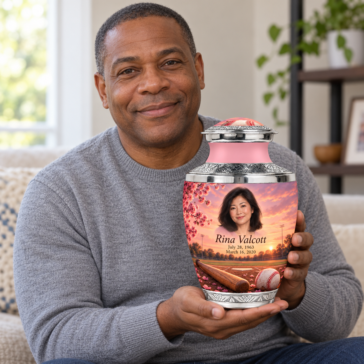 An adult holding the Tasty baseball memorial urn, with its personalized artwork visible.