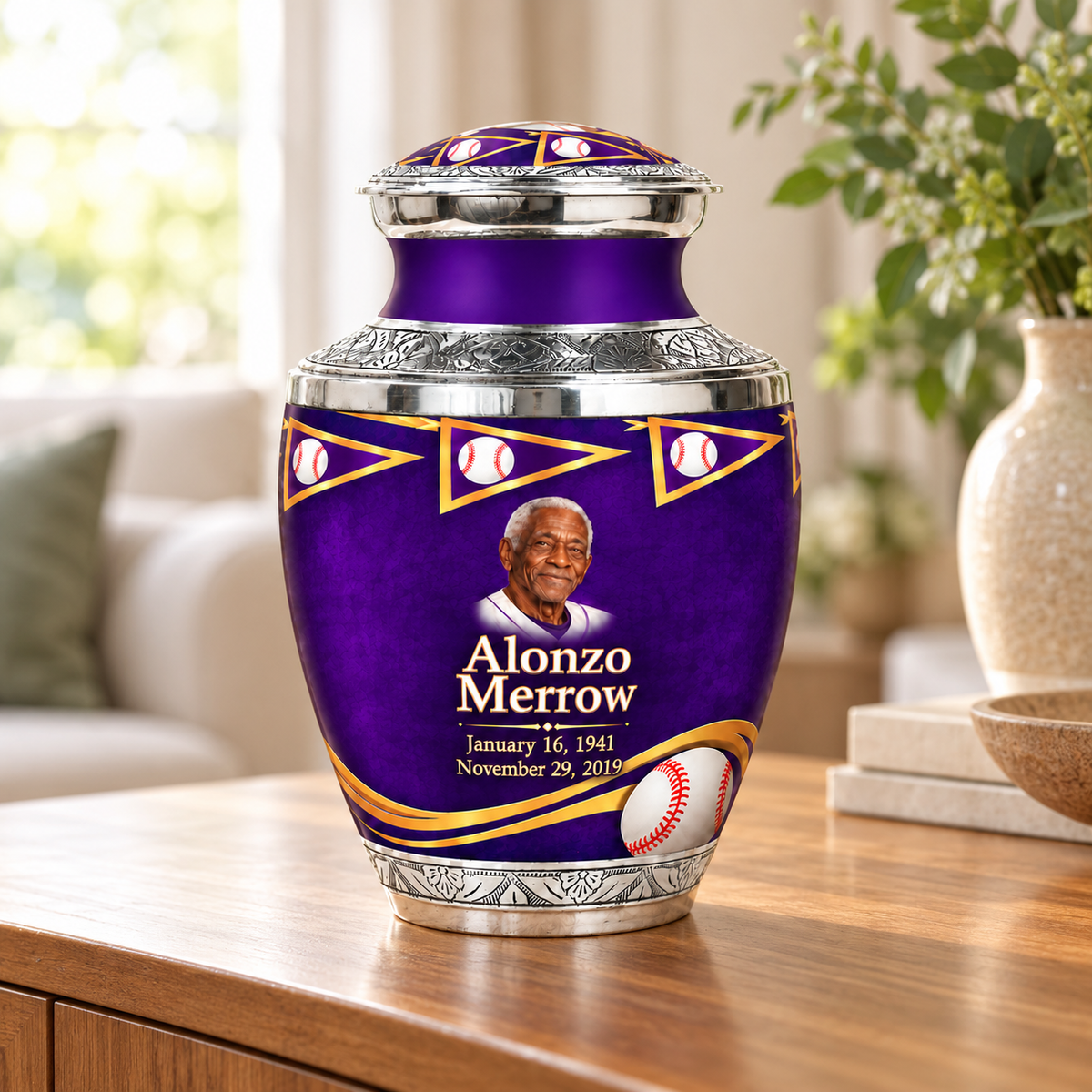 Tasty baseball memorial urn in a natural home setting.