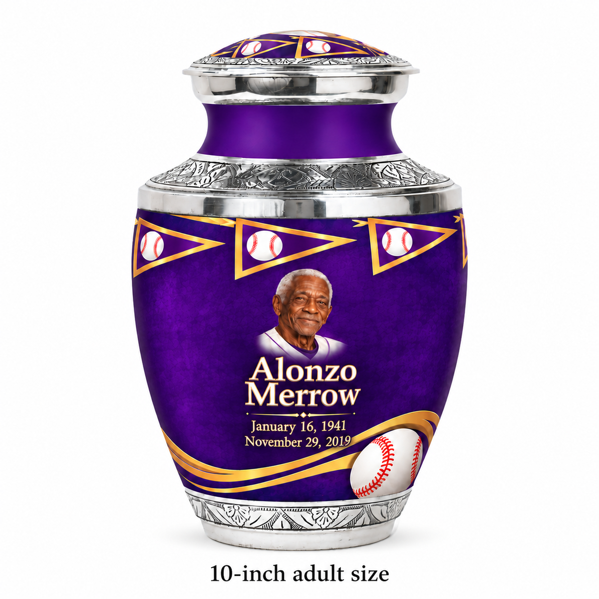 Tasty baseball memorial urn with the source-listed 10-inch large size.