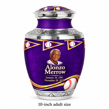 Tasty baseball memorial urn with the source-listed 10-inch large size.