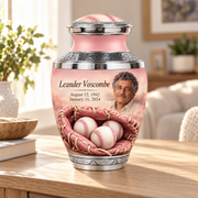 Tasty baseball memorial urn in a natural home setting.