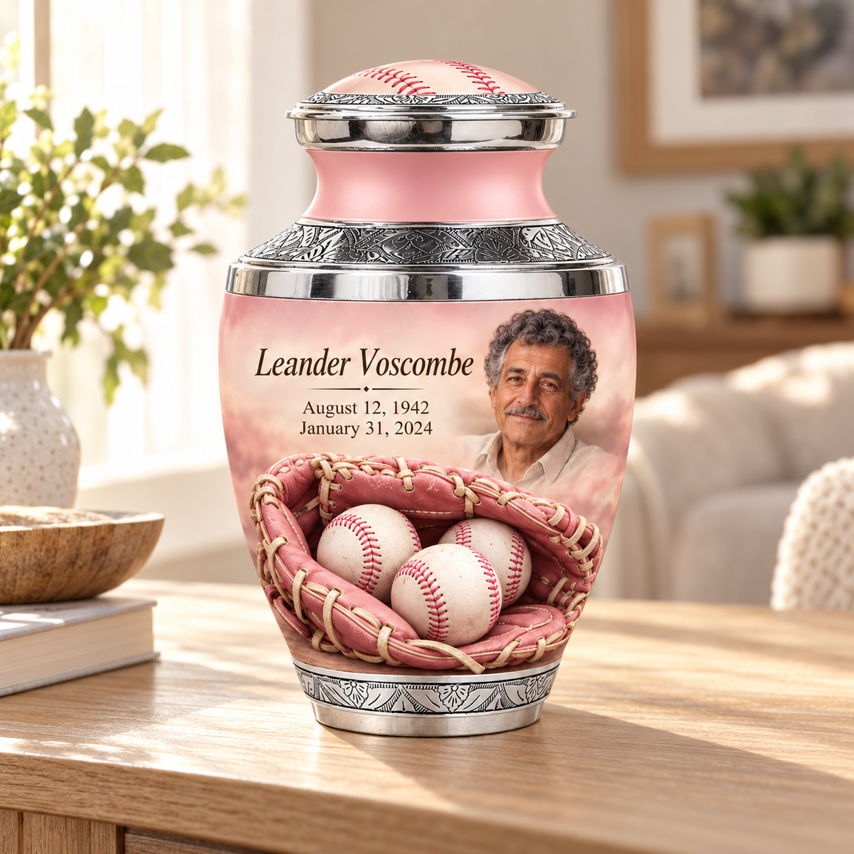 Tasty baseball memorial urn in a natural home setting.