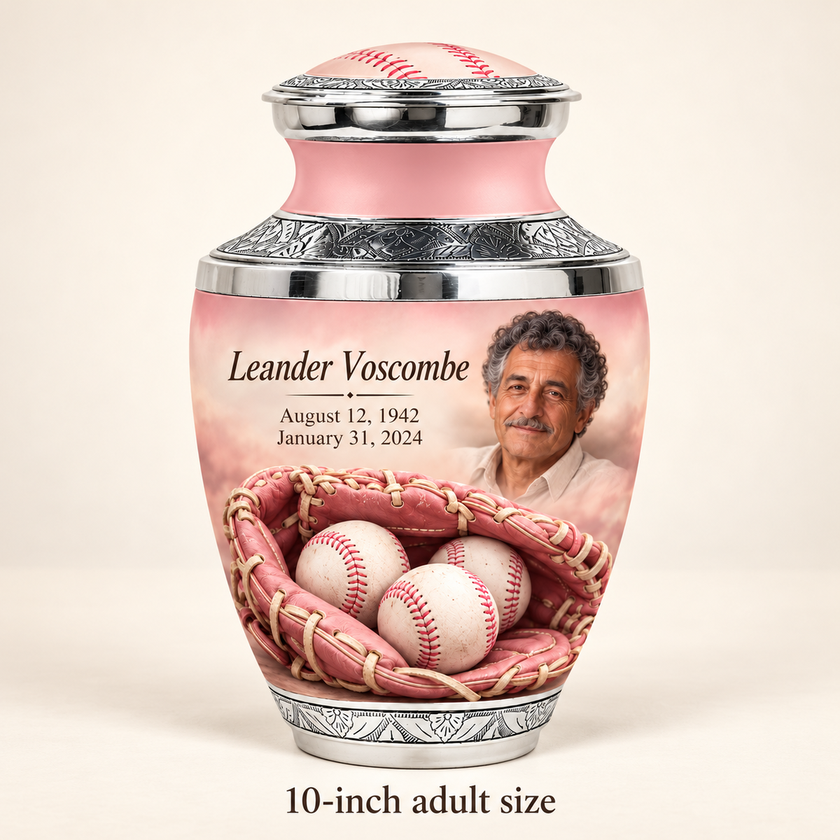 Tasty baseball memorial urn with the source-listed 10-inch large size.