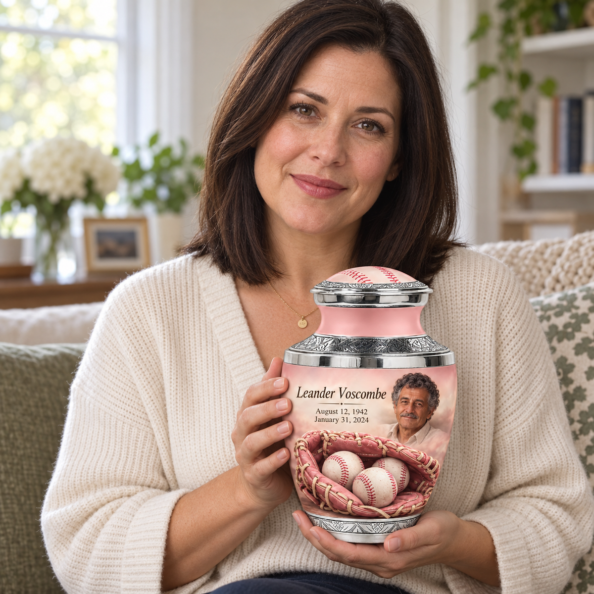 An adult holding the Tasty baseball memorial urn, with its personalized artwork visible.