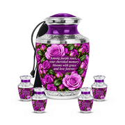 Purple rose TASTY adult urn with four keepsakes; memorial quote
