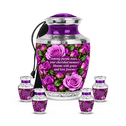 Purple rose TASTY adult urn with four keepsakes; memorial quote