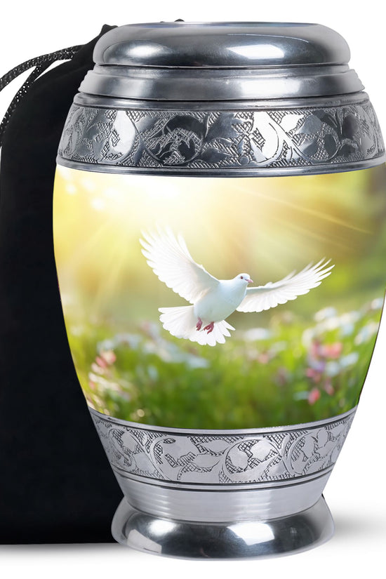 Peaceful White Dove Cremation Urn - Golden Memorial Urn For Human Ashes