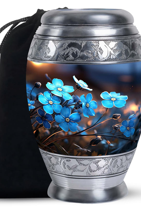 Blue Flower Large Cremation Urn - Memorial Urn For Adult Ashes