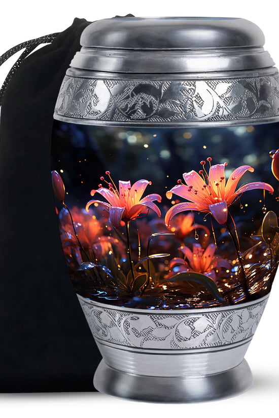White Lily Cremation Aluminum Urn - Large Funeral Urn For Ashes