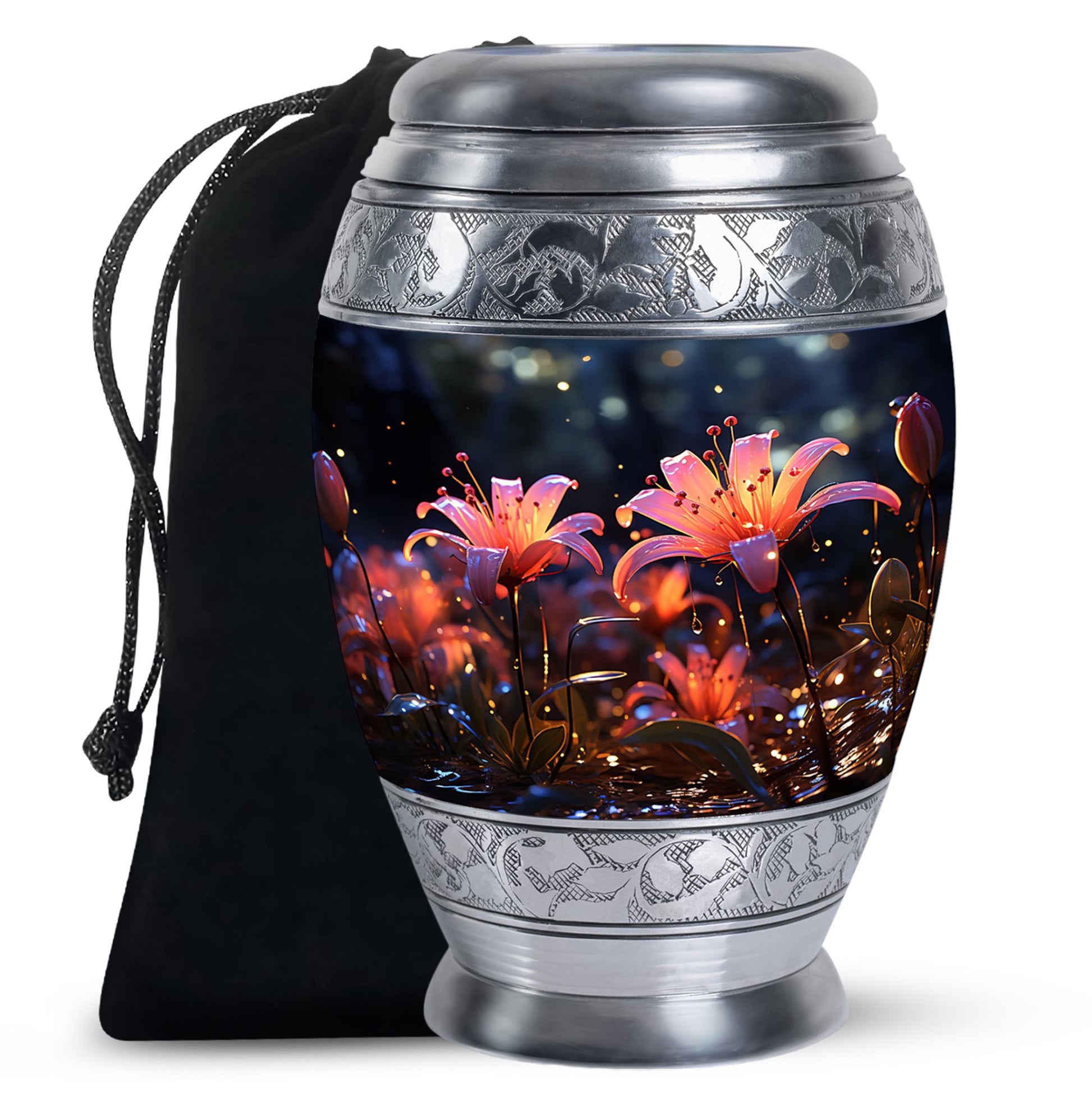 White Lily Cremation Aluminum Urn - Large Funeral Urn For Ashes