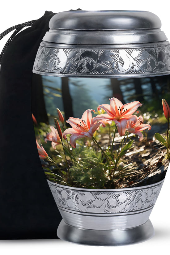 Pink Lily Aluminium Urn For Ashes - Large Floral Memorial Urn